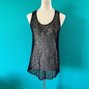 Eileen Fisher Womens Black Airy Melange Mesh Leather Trim Tank Top Size XS
